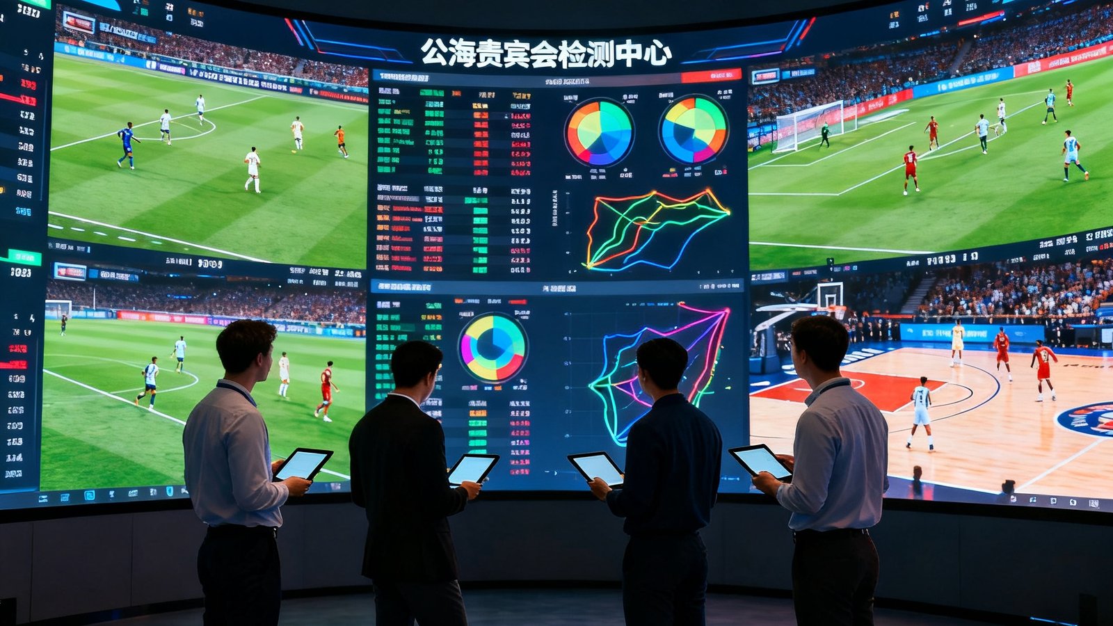 公海贵宾会员检测中心的数据分析团队站在一面巨大的弧形LED屏幕墙前，屏幕上同时显示着多场足球和篮球比赛的实时数据流、热力图和球员移动轨迹，团队成员手持平板电脑进行讨论，室内灯光柔和，充满科技感